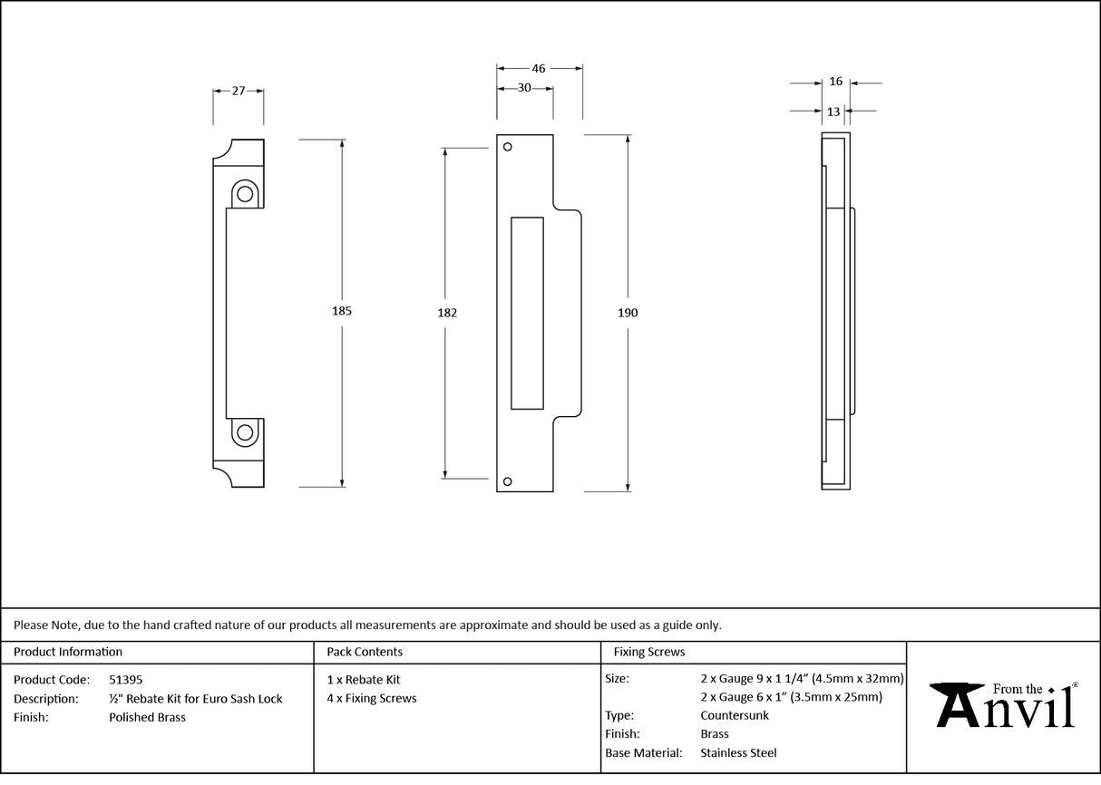 From The Anvil - Polished Brass Rebate Kit for Euro Sash Lock | Sku. 51395 | Trade Door Handles.