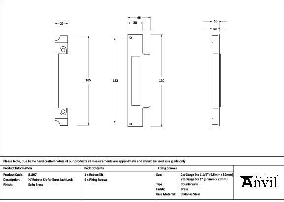 From The Anvil - Satin Brass ½" Rebate Kit for Euro Sash Lock