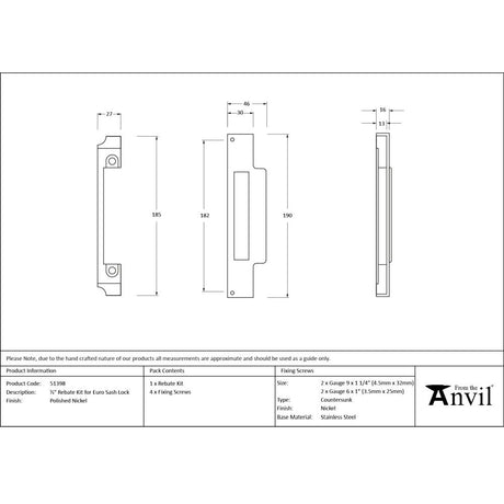 From The Anvil - Polished Nickel Rebate Kit for Euro Sash Lock | Sku. 51398 | Trade Door Handles.