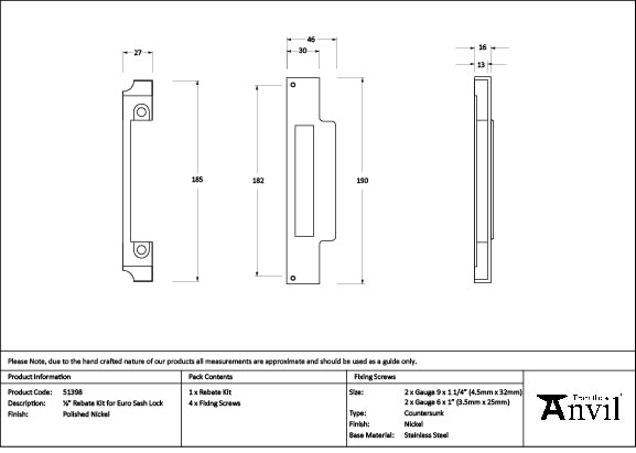 From The Anvil - Polished Nickel ½" Rebate Kit for Euro Sash Lock