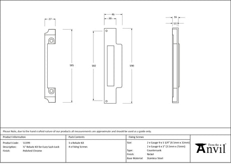 From The Anvil - Polished Chrome Rebate Kit for Euro Sash Lock | Sku. 51399 | Trade Door Handles.