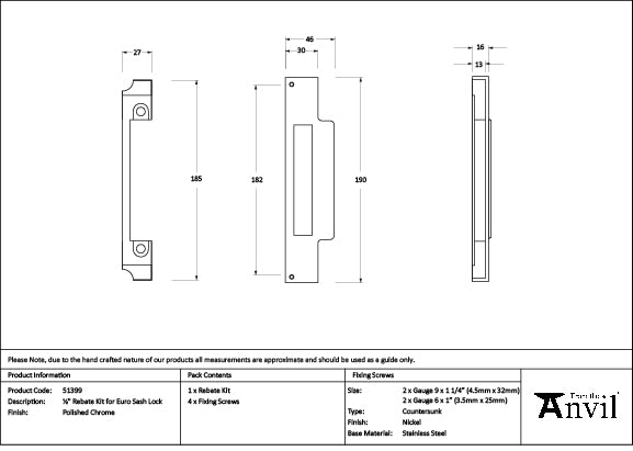 From The Anvil - Polished Chrome ½" Rebate Kit for Euro Sash Lock