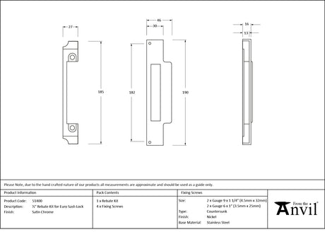 From The Anvil - Satin Chrome Rebate Kit for Euro Sash Lock | Sku. 51400 | Trade Door Handles.