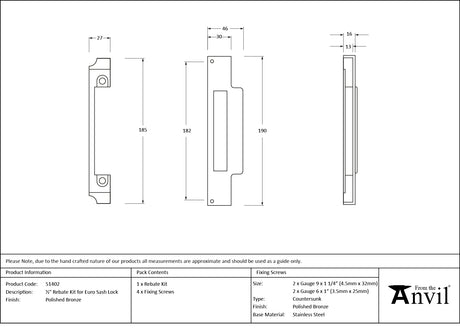From The Anvil - Polished Bronze Rebate Kit for Euro Sash Lock | Sku. 51402 | Trade Door Handles.