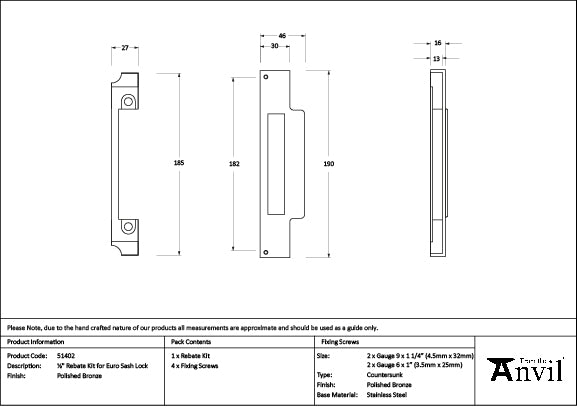 From The Anvil - Polished Bronze ½" Rebate Kit for Euro Sash Lock