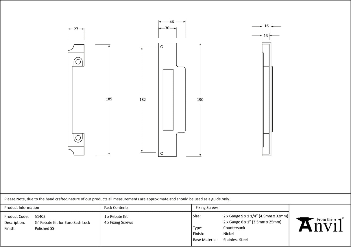 From The Anvil - Polished SS Rebate Kit for Euro Sash Lock | Sku. 51403 | Trade Door Handles.