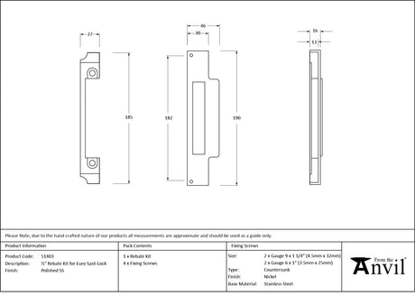 From The Anvil - Polished SS Rebate Kit for Euro Sash Lock | Sku. 51403 | Trade Door Handles.