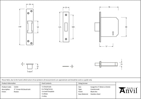 From The Anvil - Pewter 3" 5 Lever BS Dead Lock | Sku. 51414 | Trade Door Handles.