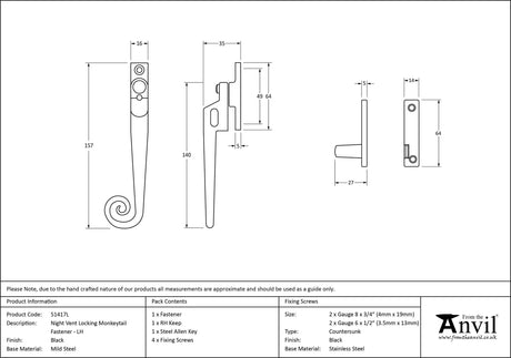 From The Anvil - Black Locking Night-Vent Monkeytail Fastener - LH | Sku. 51417L | Trade Door Handles.