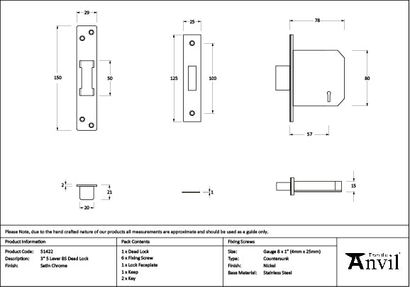 From The Anvil - Satin Chrome 3" 5 Lever BS Dead Lock