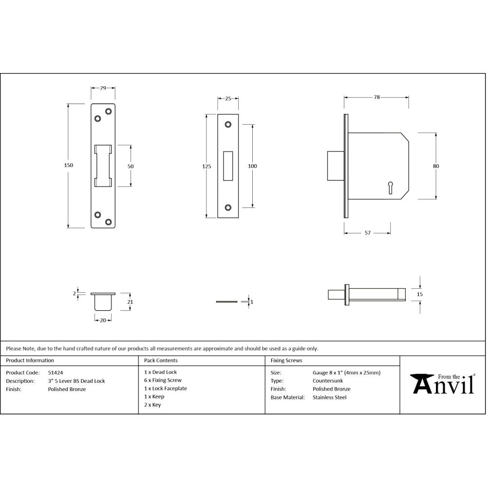 From The Anvil - Polished Bronze 3" 5 Lever BS Dead Lock | Sku. 51424 | Trade Door Handles.