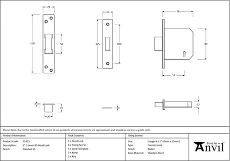 From The Anvil - Polished SS 3" 5 Lever BS Dead Lock | Sku. 51425 | Trade Door Handles.