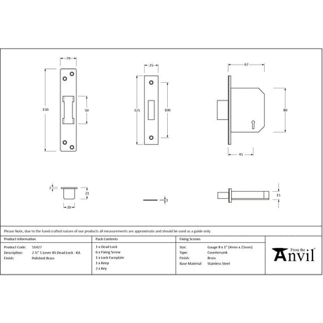 From The Anvil - Polished Brass 2.5" 5 Lever BS Dead Lock KA | Sku. 51427 | Trade Door Handles.