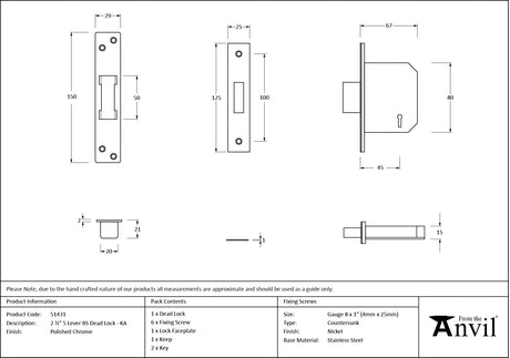 From The Anvil - Polished Chrome 2.5" 5 Lever BS Dead Lock KA | Sku. 51431 | Trade Door Handles.