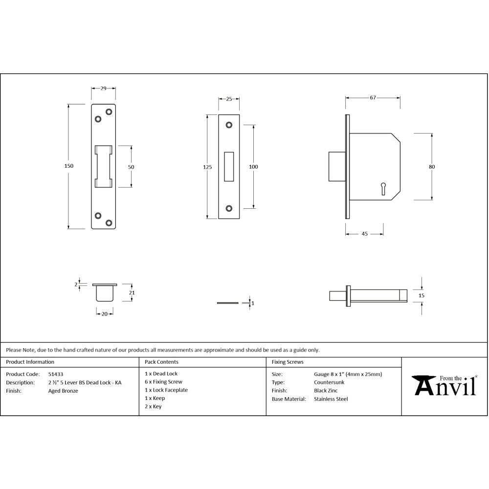 From The Anvil - Aged Bronze 2.5" 5 Lever BS Dead Lock KA | Sku. 51433 | Trade Door Handles.