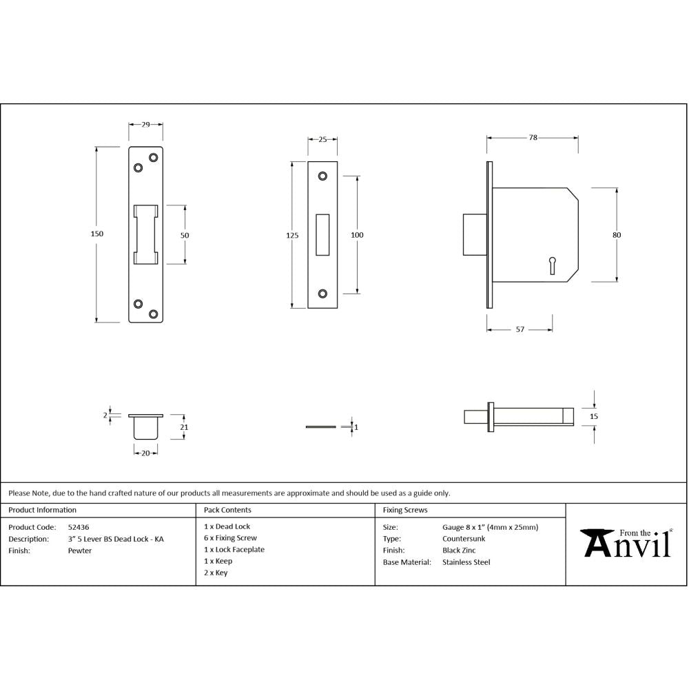 From The Anvil - Pewter 3" 5 Lever BS Dead Lock KA | Sku. 51436 | Trade Door Handles.