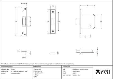 From The Anvil - Polished Chrome 3" 5 Lever BS Dead Lock KA | Sku. 51441 | Trade Door Handles.