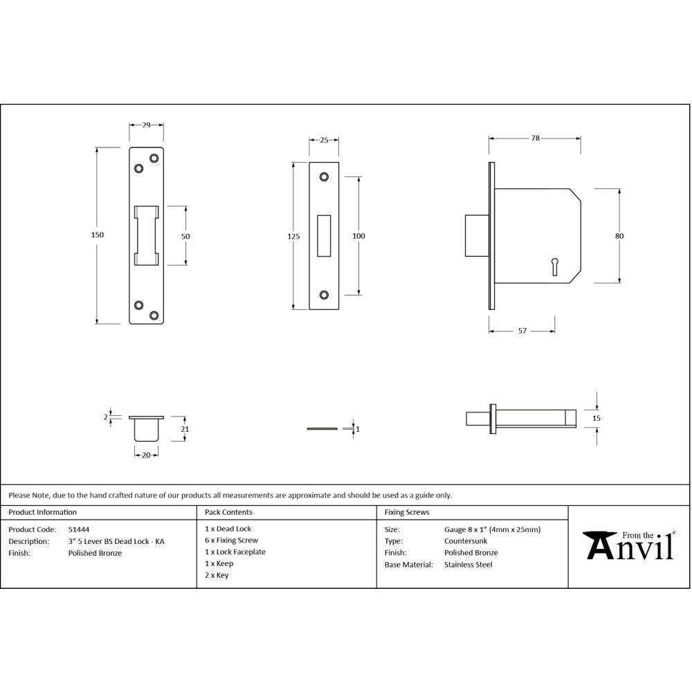 From The Anvil - Polished Bronze 3" 5 Lever BS Dead Lock KA | Sku. 51444 | Trade Door Handles.
