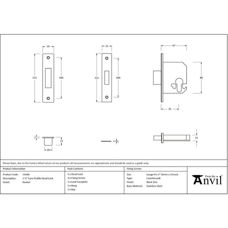 From The Anvil - Pewter 2.5" Euro Profile Dead Lock | Sku. 51446 | Trade Door Handles.