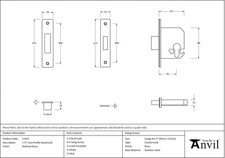 From The Anvil - Polished Brass 2.5" Euro Profile Dead Lock | Sku. 51447 | Trade Door Handles.