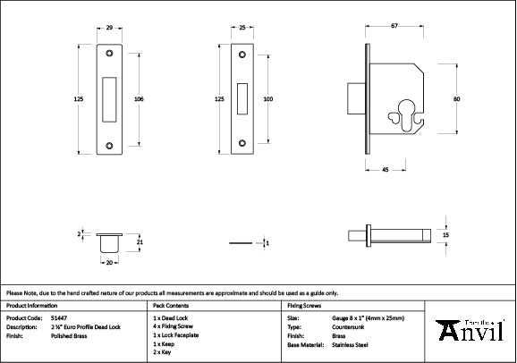 From The Anvil - Polished Brass 2½" Euro Profile Dead Lock