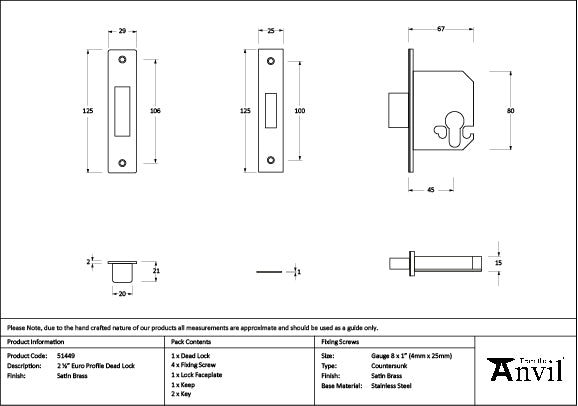 From The Anvil - Satin Brass 2½" Euro Profile Dead Lock