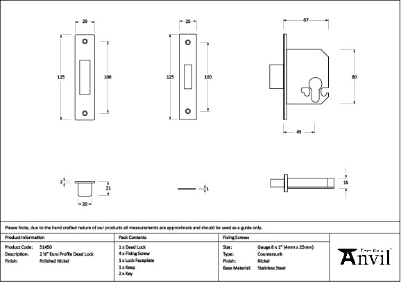 From The Anvil - Polished Nickel 2½" Euro Profile Dead Lock