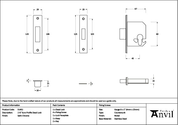 From The Anvil - Satin Chrome 2½" Euro Profile Dead Lock