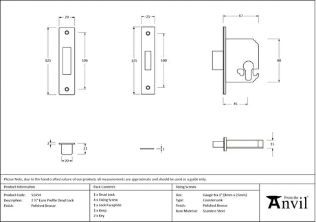 From The Anvil - Polished Bronze 2.5" Euro Profile Dead Lock | Sku. 51454 | Trade Door Handles.