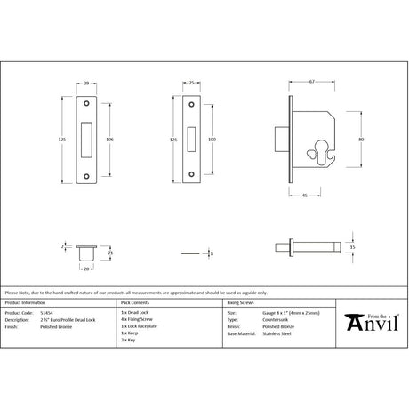 From The Anvil - Polished Bronze 2.5" Euro Profile Dead Lock | Sku. 51454 | Trade Door Handles.