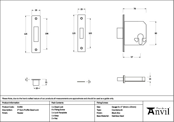 From The Anvil - Pewter 3" Euro Profile Dead Lock