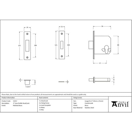 From The Anvil - Polished Brass 3" Euro Profile Dead Lock | Sku. 51457 | Trade Door Handles.