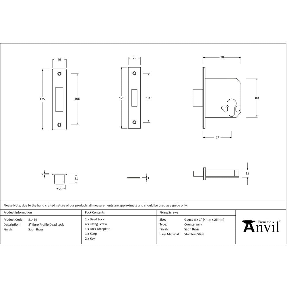 From The Anvil - Satin Brass 3" Euro Profile Dead Lock | Sku. 51459 | Trade Door Handles.