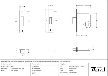 From The Anvil - Satin Chrome 3" Euro Profile Dead Lock | Sku. 51462 | Trade Door Handles.