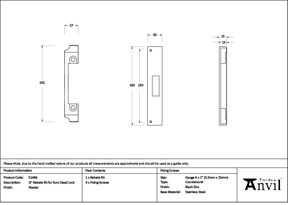 From The Anvil - Pewter ½" Rebate Kit for Euro Dead Lock