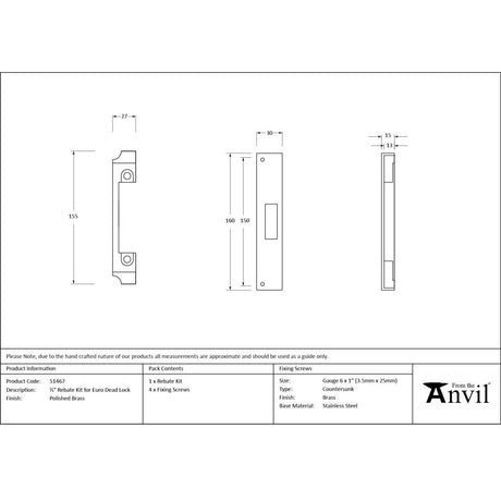 From The Anvil - Polished Brass Rebate Kit for Euro Dead Lock | Sku. 51467 | Trade Door Handles.