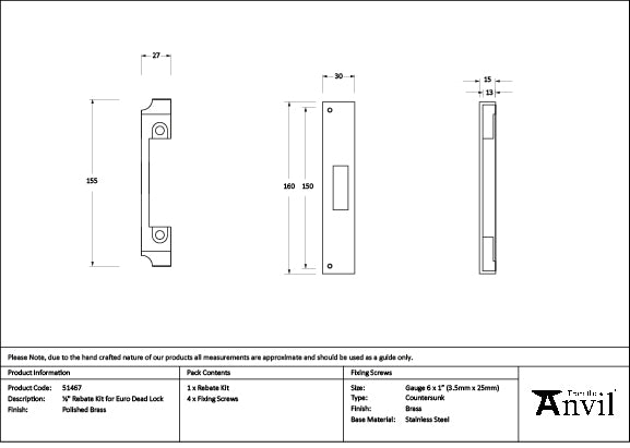 From The Anvil - Polished Brass ½" Rebate Kit for Euro Dead Lock