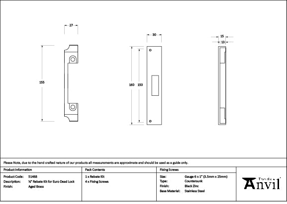 From The Anvil - Aged Brass ½" Rebate Kit for Euro Dead Lock