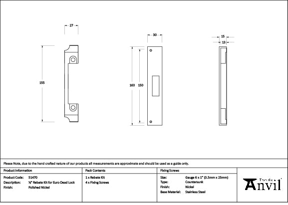 From The Anvil - Polished Nickel ½" Rebate Kit for Euro Dead Lock