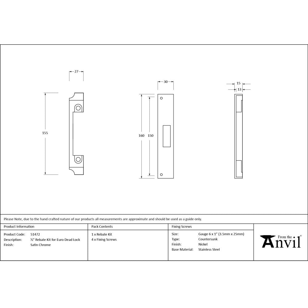 From The Anvil - Satin Chrome Rebate Kit for Euro Dead Lock | Sku. 51472 | Trade Door Handles.