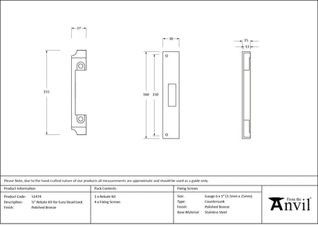 From The Anvil - Polished Bronze Rebate Kit for Euro Dead Lock | Sku. 51474 | Trade Door Handles.