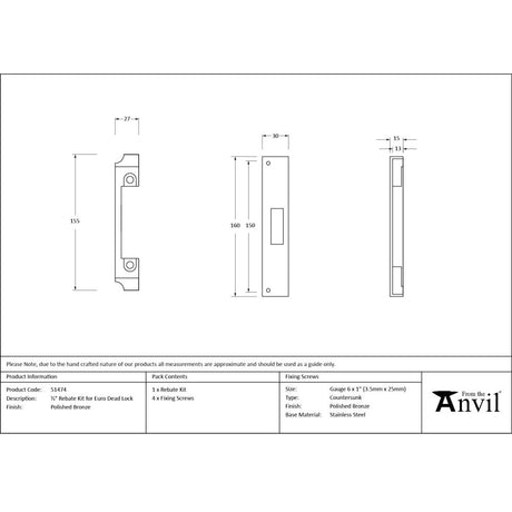 From The Anvil - Polished Bronze Rebate Kit for Euro Dead Lock | Sku. 51474 | Trade Door Handles.