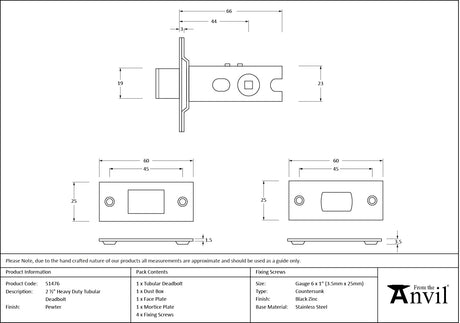 From The Anvil - Pewter 2.5" Heavy Duty Tubular Deadbolt | Sku. 51476 | Trade Door Handles.