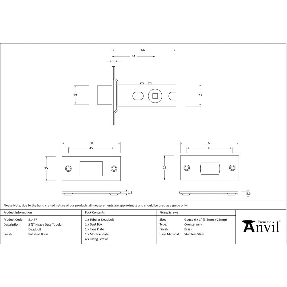 From The Anvil - Polished Brass 2.5" Heavy Duty Tubular Deadbolt | Sku. 51477 | Trade Door Handles.