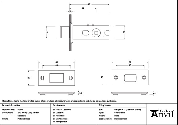 From The Anvil - Polished Brass 2Â½" Heavy Duty Tubular Deadbolt