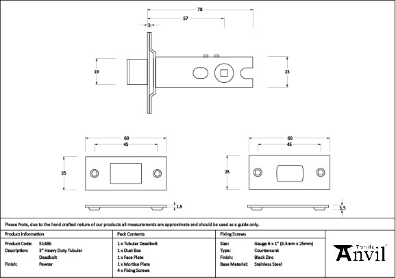 From The Anvil - Pewter 3" Heavy Duty Tubular Deadbolt