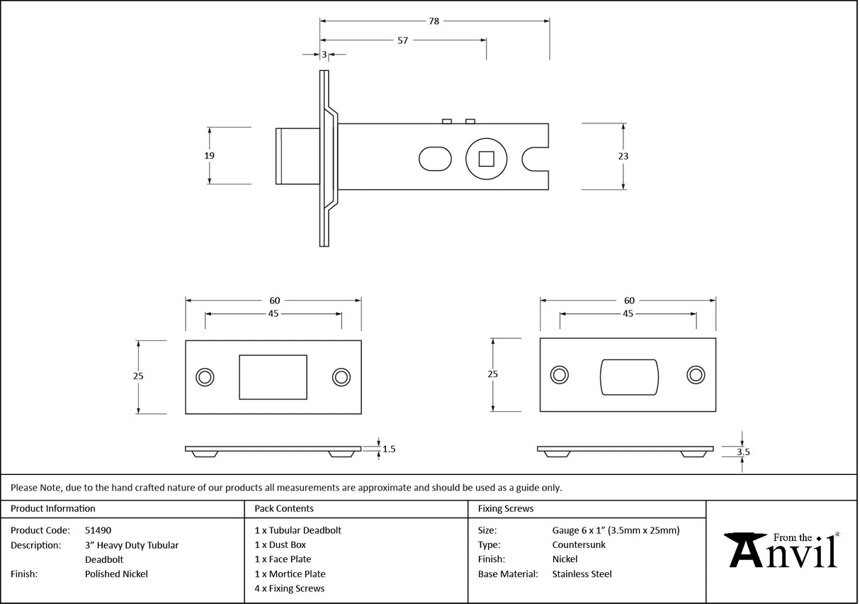 From The Anvil - Polished Nickel 3" Heavy Duty Tubular Deadbolt | Sku. 51490 | Trade Door Handles.