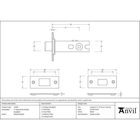 From The Anvil - Polished Nickel 3" Heavy Duty Tubular Deadbolt | Sku. 51490 | Trade Door Handles.