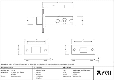 From The Anvil - Polished Chrome 3" Heavy Duty Tubular Deadbolt | Sku. 51491 | Trade Door Handles.