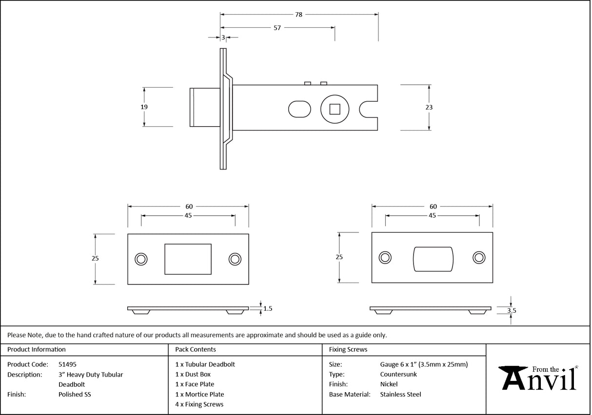 From The Anvil - Polished SS 3" Heavy Duty Tubular Deadbolt | Sku. 51495 | Trade Door Handles.